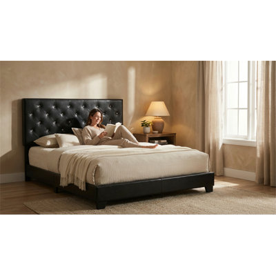 Structure de lit tapissier moderne en similicuir avec tête de lit rembourrée, tête de lit capitonnée, système de support de matelas à lattes en bois robuste, aucun sommier requis, assemblage facile