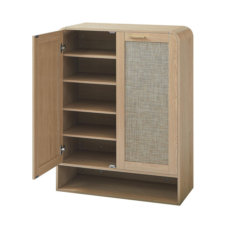 Rattan Shoe Cabinet With Doors, 6-Tier Shoe Storage Cabinet With Adjustable Shelves,Wooden Shoes Rack Shoe Storage Organizer For Entryway, Hallway, Closet, Living Room,Oak,31.5''W X 13.8''D X 41''H.