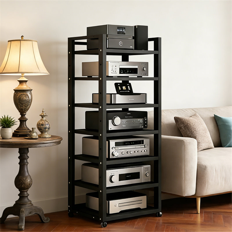 Black 7-Tier Audio Rack Tower With Adjustable Wooden Shelves, Weight Capacity 661 Lbs, For Stereo Components
