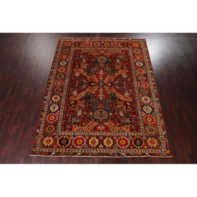 Tapis rouge en laine noué à la main de conception unique 9 pi 2 po x 11 pi 8 po