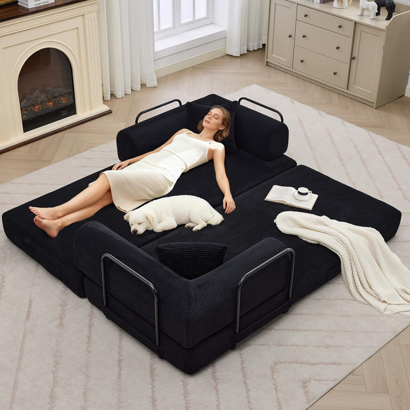 4-in-1 Convertible Corduroy Sofa Bed, Folding Futon Couch with Pillows, King Size Floor Sleeper, Black