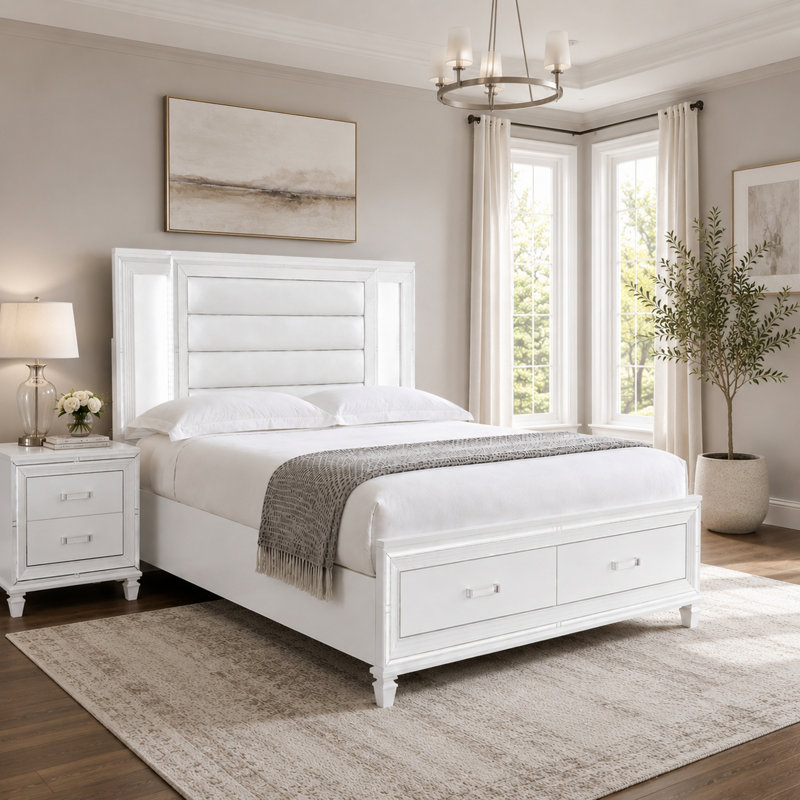Ensemble de chambre à coucher grand lit, bois blanc, ensemble 2 pièces avec table de chevet