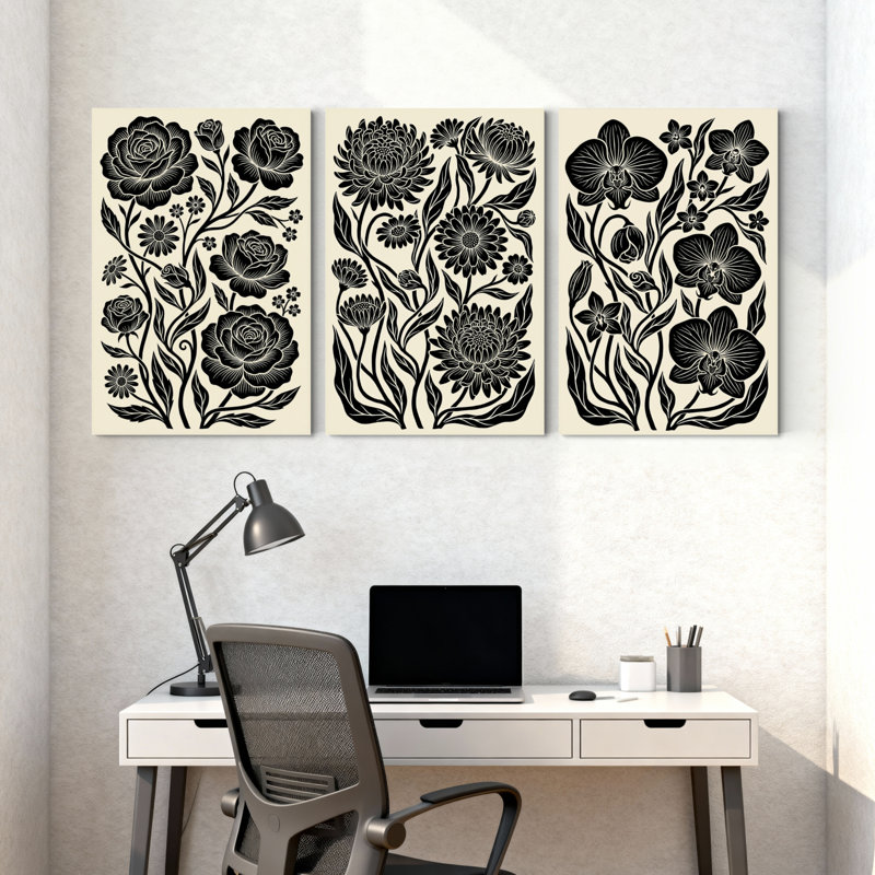 Plantes et fleurs, ensemble de 3 impressions sur toile à motif floral noir et blanc, H 18 po x l 36 po
