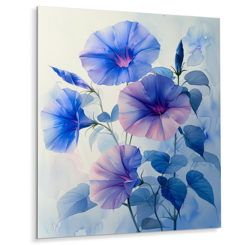 «Garden of Blue Morning Glory Bloom I - Morning Glory», art mural salon, Sans cadre, métal, H 16 po x l 32 po