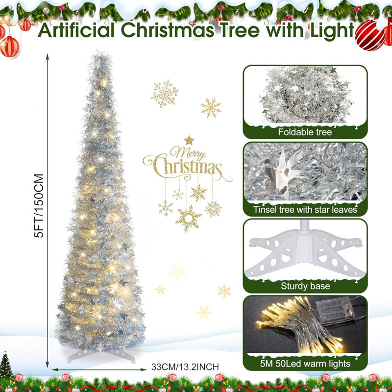 Arbre de Noël 5 pi avec lumières argentées, arbre de Noël escamotable escamotable