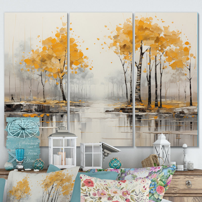 Forêt jaune, collage de bois III sur toile, 3 pièces, H 28 po x l 36 po x P 1 po