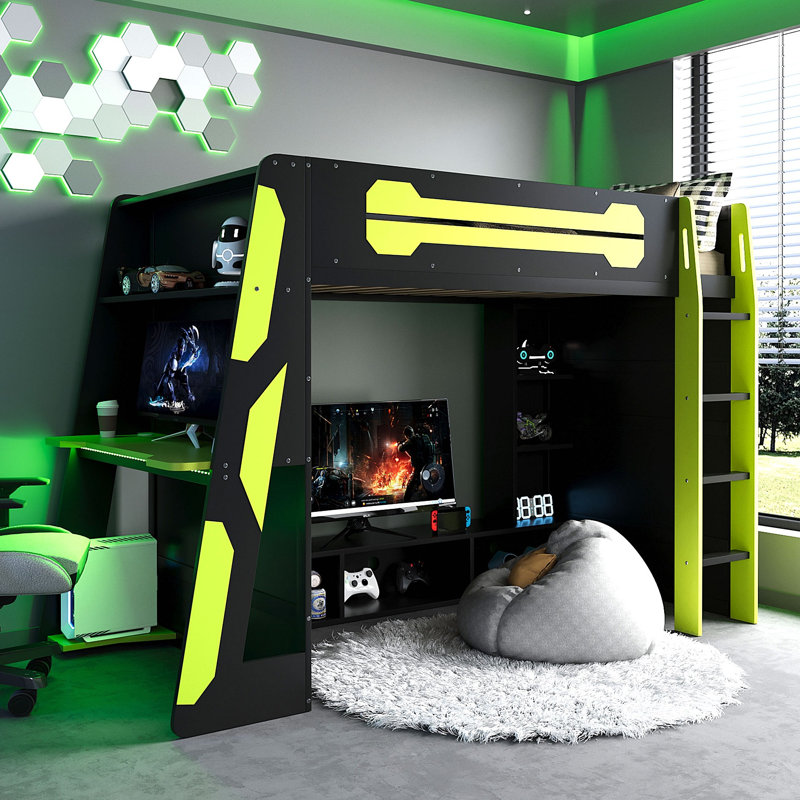Lit mezzanine en bois avec bureau, tablettes multiples et lumière RVB, Vert