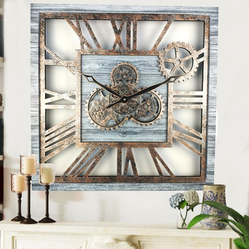 Wall Clock 24" Square Oversized for Living Room decor with Real Moving Gears America Collection, Silver