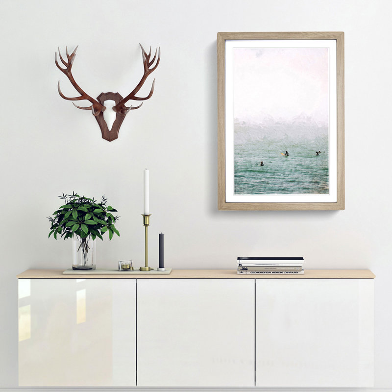 Surfers Waiting to Surf - Picture Frame Painting Print on MDF, 36cm H x 27cm W x 2cm D, Oak Framed
