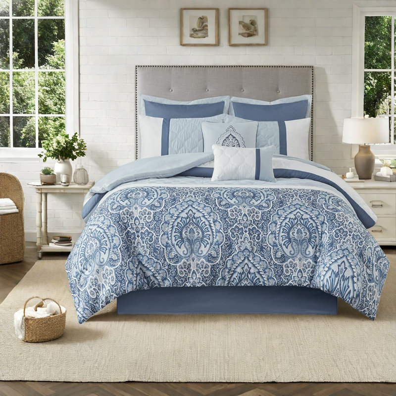 Luxury 8 Piece Bedding Sets, Polyester Blue Damask, Modern Home Comfort