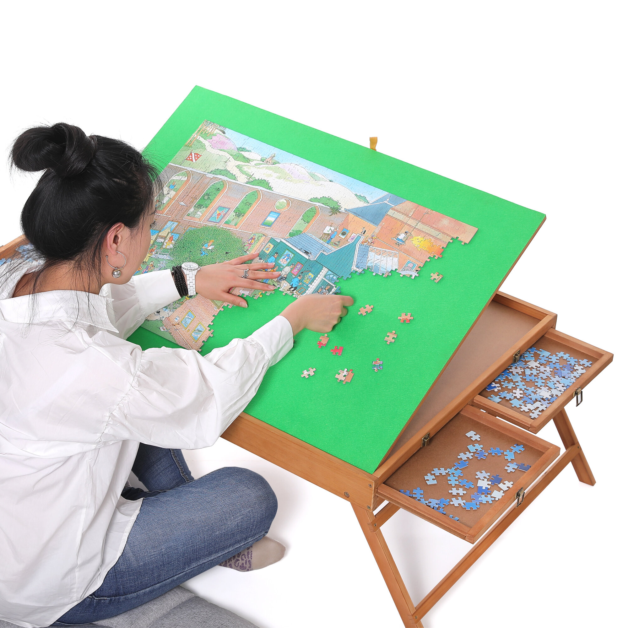 Puzzle Board Table 1500 1000 Piece Tilting with Drawers and Non Slip Board  Portable 34x26 Puzzle Table with Wooden Cover Adjustable Sorting Storage