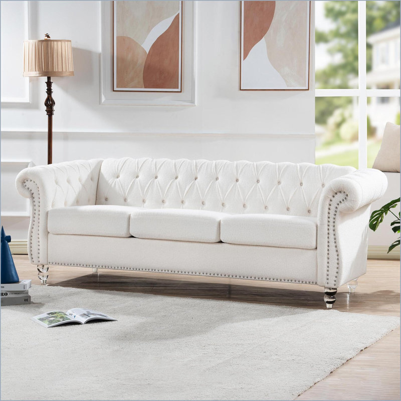 Canapés | Canapé Chesterfield 84,65 po à accoudoirs roulés 3 pièces | Ivoire | Polyester