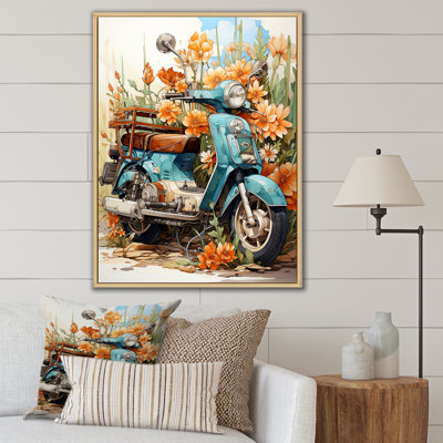 Turquoise Scooter Coastal Flowers - Scooter Canvas Art Print