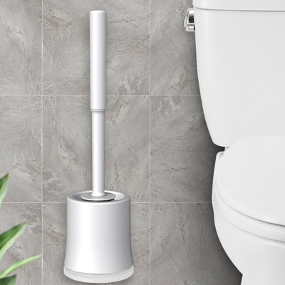 Modern Compact Toilet Brush With Bristles And Base, Long Handle Bathroom Cleaning, 14.6x3x3in White