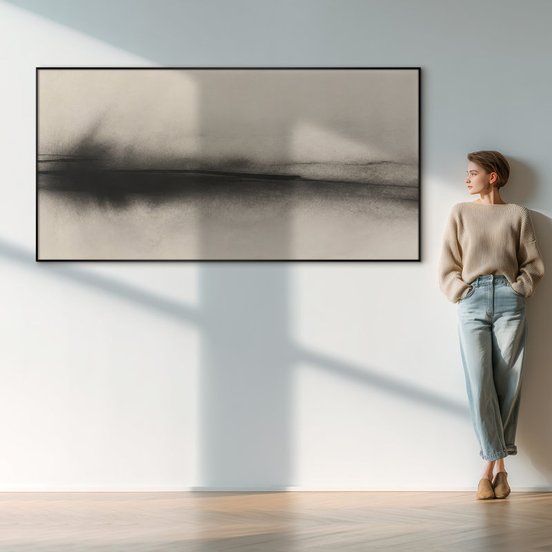 Très grande reproduction d'art sur toile - Abstrait horizon noir et beige doux pour le salon ou la chambre à coucher - «Assemblage requis du cadre (cadre non fini)»
