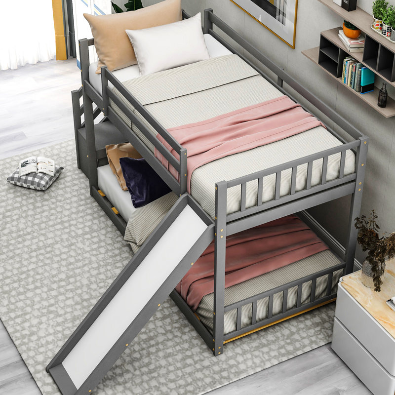 Lit simple / simple avec glissade et escalier en bois de pin gris, Gris