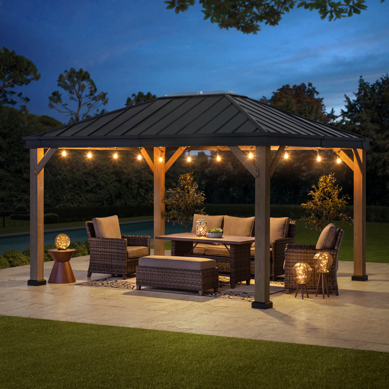 Sunjoy 11 x 13 ft. Hardtop Gazebo Outdoor Black Steel Frame Gazebo with Skylight for Patio, Garden and Backyard Activities