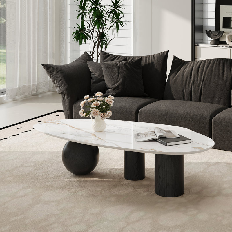 54'' Modern Coffee Table for Living Room, Stone Coffee Table with 3 Legs and White Sintered Stone Tabletop, White, Black