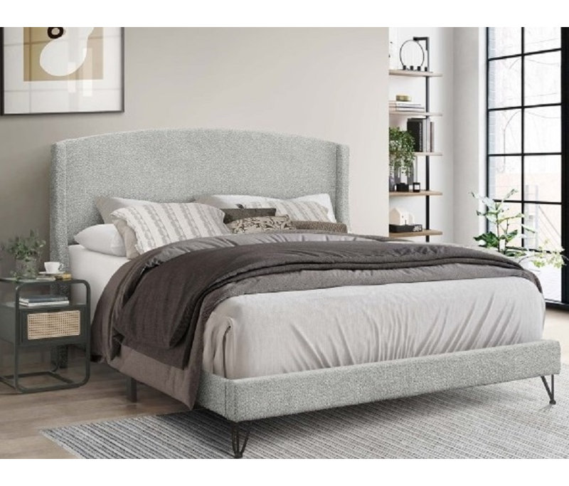 Cadre de lit plateforme California King Size recouvert de tissu bouclé, tête de lit arrondie à oreilles, gris pâle