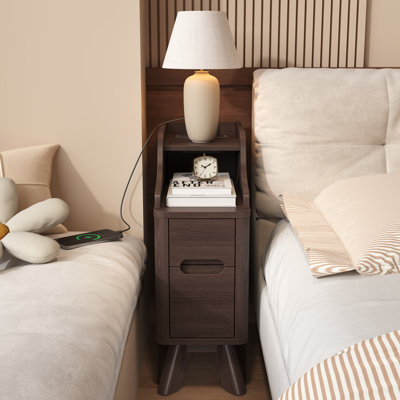 Wooden Small 2 Drawer Nightstand, Side Table With Charger Station For Bedroom Living Room, Black