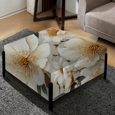 Beige Boho Chic Poppy Blooms IV - grand repose-pieds carré floral