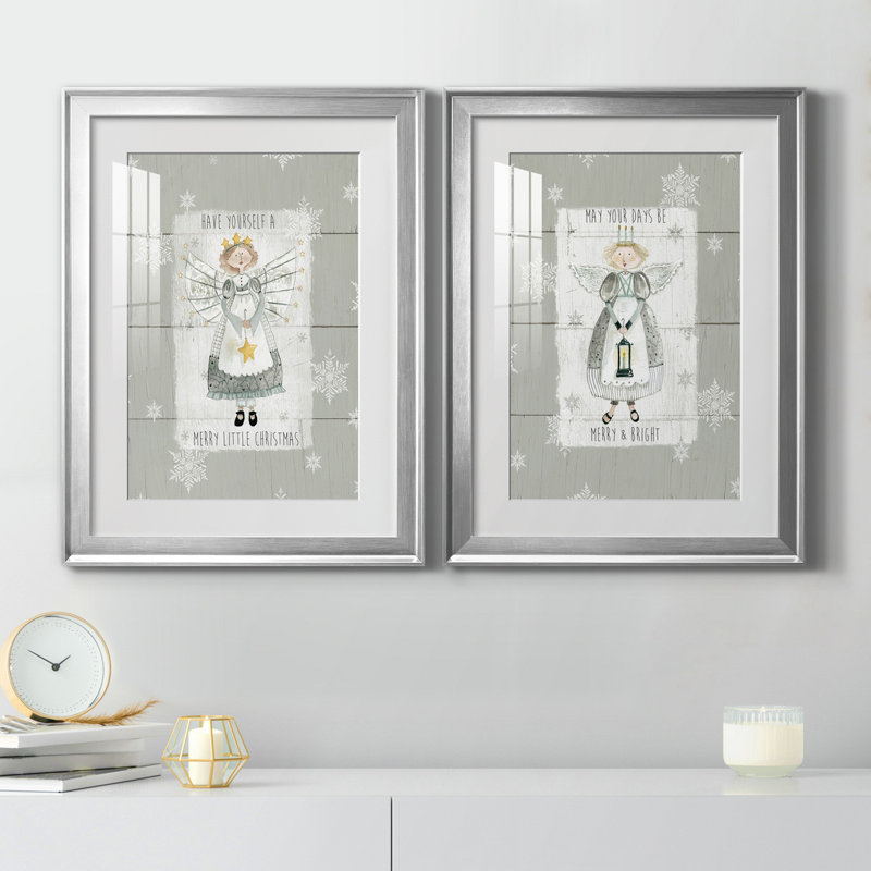 «Merry Little Christmas», ensemble de 2 reproductions d'art, H 18,5 po x l 49 po x P 1,5 po, Papier avec cadre argenté, Blanc