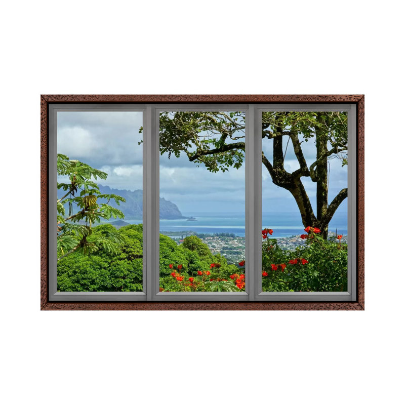 Hawaii Window View - Floater Frame Print on Canvas, Brown Framed