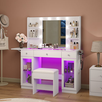Makeup Vanity With Mirror And Lights, RGB Lighted Vanity Desk With Power Outlet, 3 Drawers & 2 Large Tempered Glass Cabinets, Fold-Up Panel, Glass Top Vanity With Chair