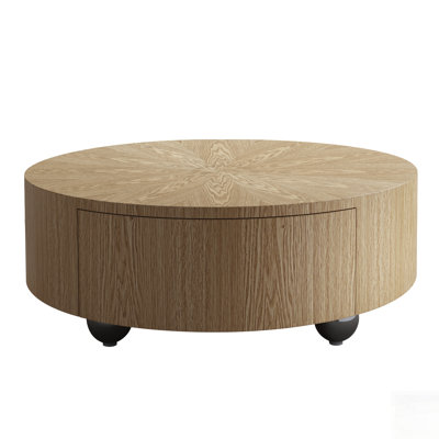 Round Wood Coffee Table with Ash Veneer, 2 Drawers for Small Spaces and Modern Living