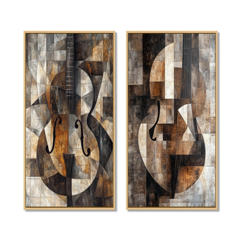Mandoline dans des plans brisés I - Ensemble de 2 décorations murales cubistes, 40" H x 40" W, Natural Floater Framed