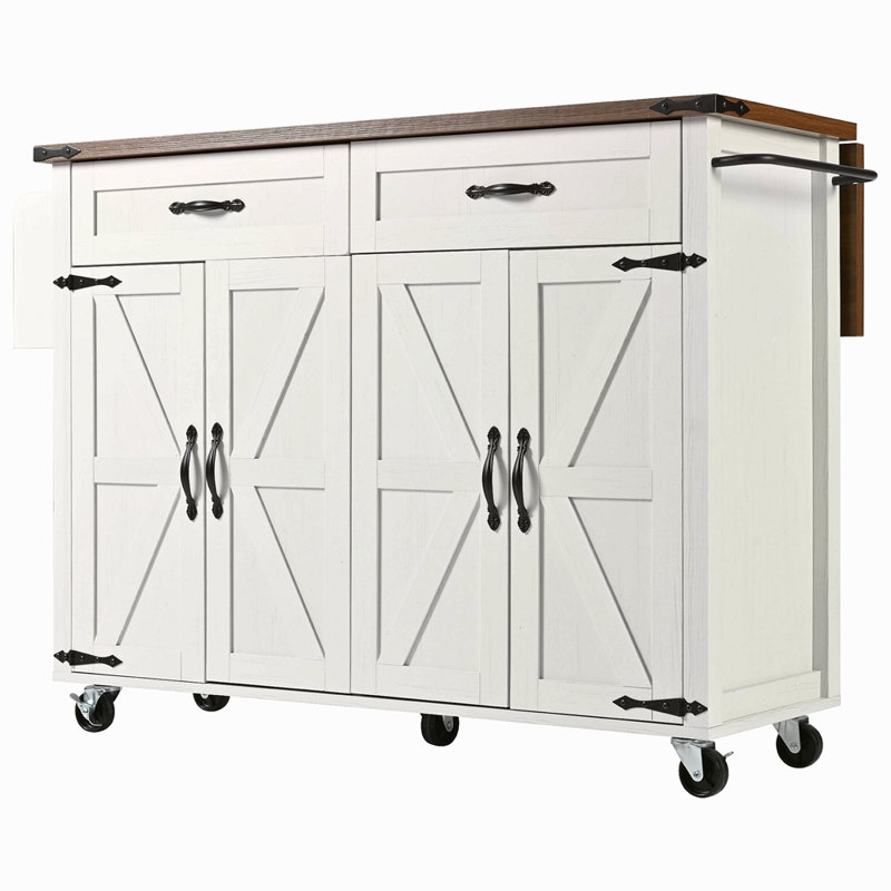 53.5''Farmhouse Kitchen Island With Power Outlet, Kitchen Storage Island With Drop Leaf, Spice Rack And Drawer, Rolling Kitchen Cart On Wheels, For Home, Kitchen And Dining Room