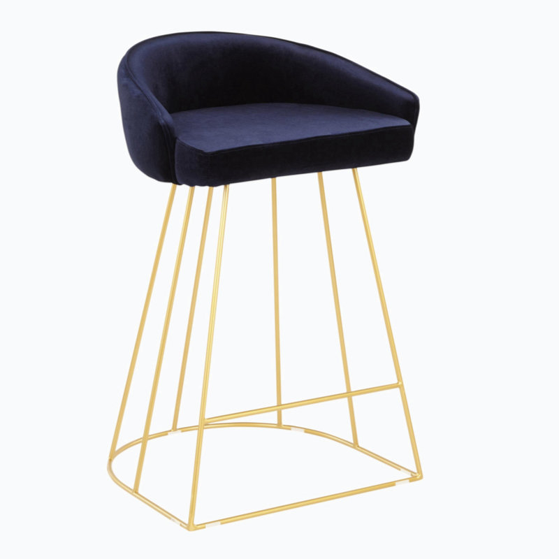 Indigo Blue Velvet and Gold Metal Counter Stools, Set of 2