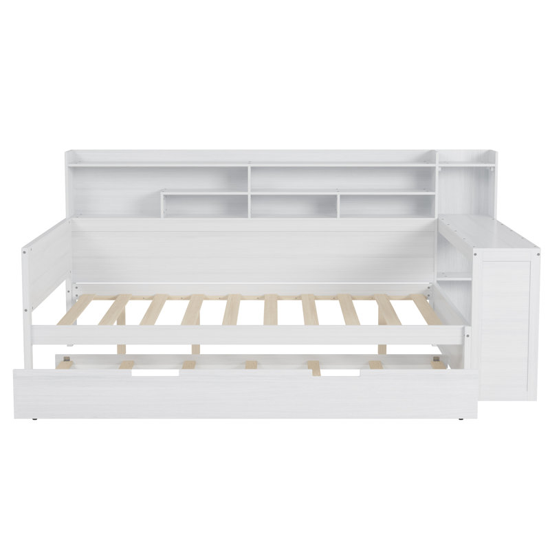 Wooden Full Size Daybed with Trundle Storage Shelves & Study Desk Antique White Multi-Functional Bed Frame