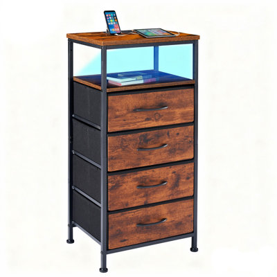Night Stand With Charging Station, Tall Nightstand With USB Ports And Outlets, 4 Fabric Storage Drawers, Small Dresser Bed Side Table