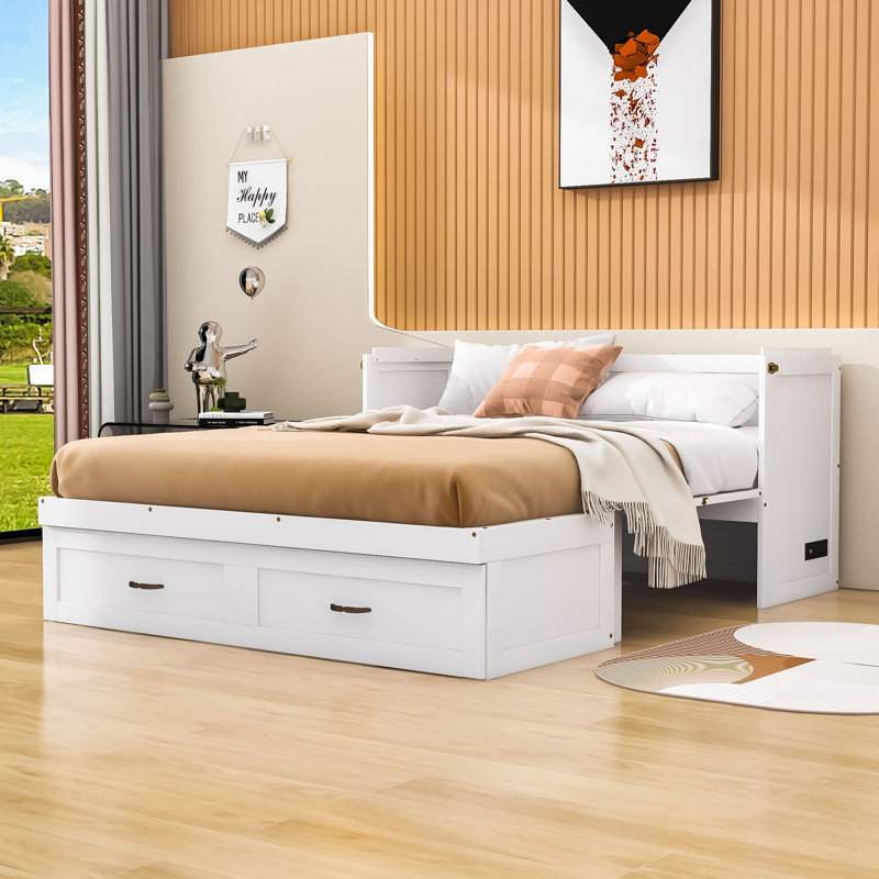 Lit escamotable en bois avec port USB et tiroir Macenna, Blanc, Grand