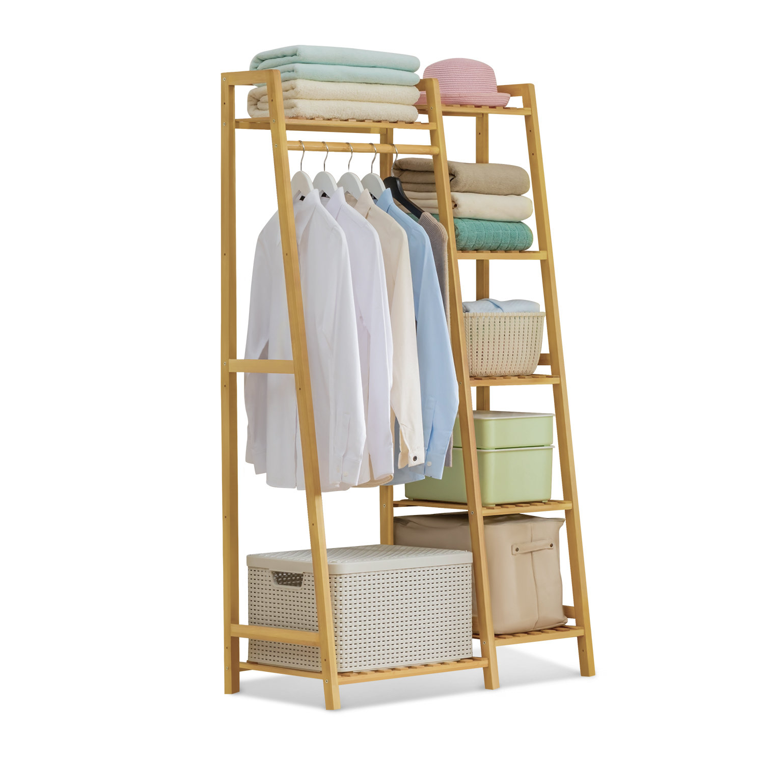 MoNiBloom 6 Tiers Coat Pants Rack Closet Wardrobe with Hanging Rod, Bamboo  Clothing Stand, for Living Room