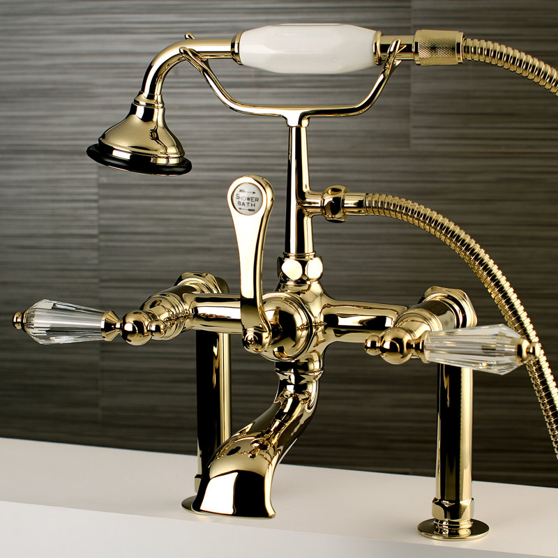 Kingston Brass Wilshire Three-Handle 2-Hole Deck Mount Clawfoot Tub Faucet with Hand Shower, Polished Brass