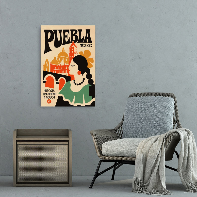 Retro Puebla Mexico Travel Colorful Retro Traditional Architecture City Wall Art Print 1 Piece Wrapped Canvas Wall Art