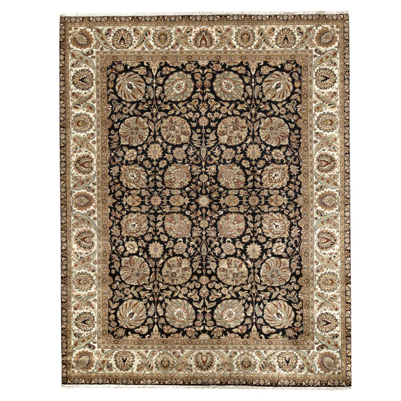 Hand Knotted Wool Area Rug in Black And Beige