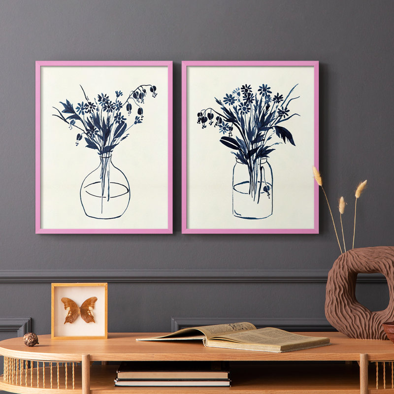 Vase floral indigo I - impression encadrée de qualité supérieure - prêt à être accroché - aucun clou requis - aucun clou requis