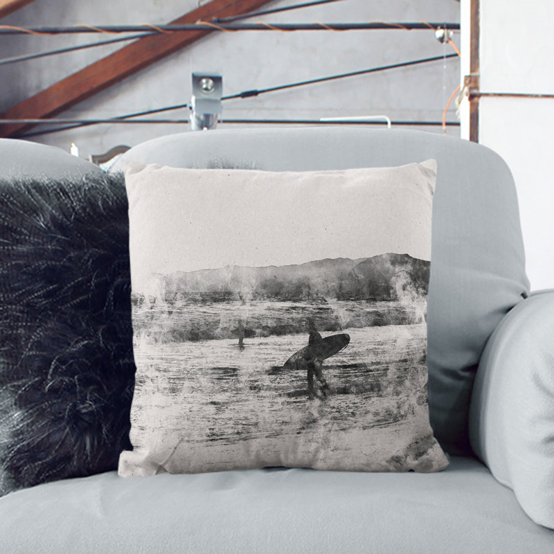 Two Surfers Watercolour Scatter Cushion, 40cm H x 40cm W x 15cm D, Black/Gray