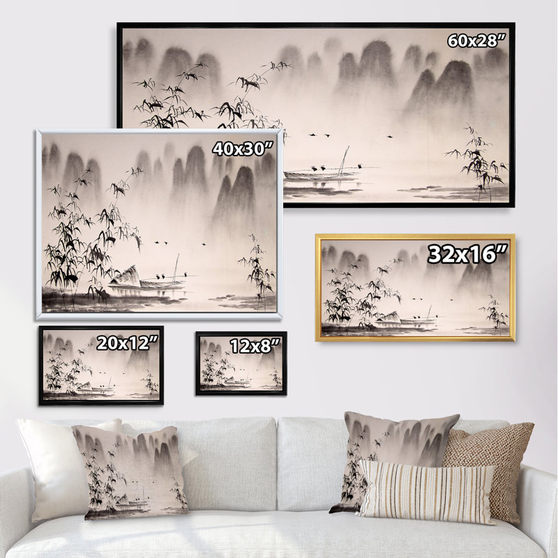 Encre de paysage chinois VI - peinture sur toile, H 8 po x l 12 po x P 1 po, Cadre blanc