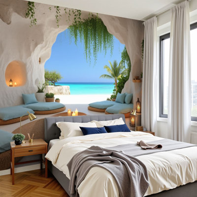 Peel and Stick Wallpaper 144" W x 100" H Modern Self Adhesive Wall Mural for Bedroom Cozy Seaside Cave Lounge Ocean View Soft Lighting