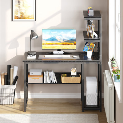 Bureau d'ordinateur moderne de 120 cm (47,2 po) avec étagères de rangement à 4 niveaux, bibliothèque et tour d'étagères.