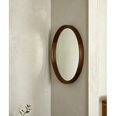 Minimalist Circular Wood Accent Mirror Walnut Finish Wall Mount Mirror For Living Room Bedroom