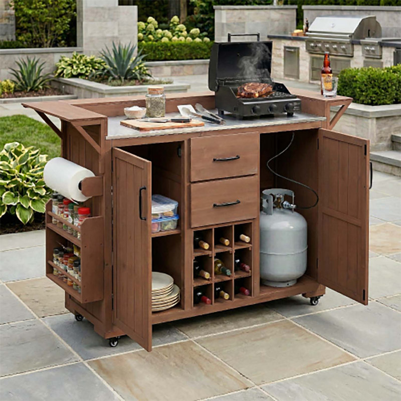 Durable Kitchen Island with Wheels,Stainless Steel Top,and Multiple Storage Options for BBQ and Grilling, Brown
