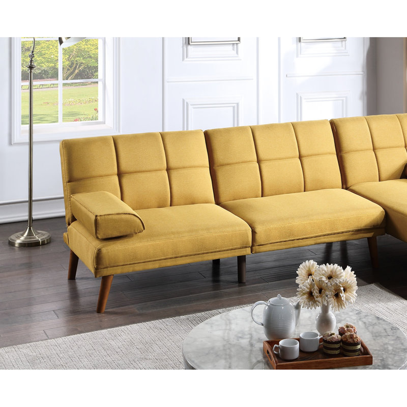 Canapé convertible couleur moutarde avec pieds en bois massif et rembourrage en mousse, Moutarde