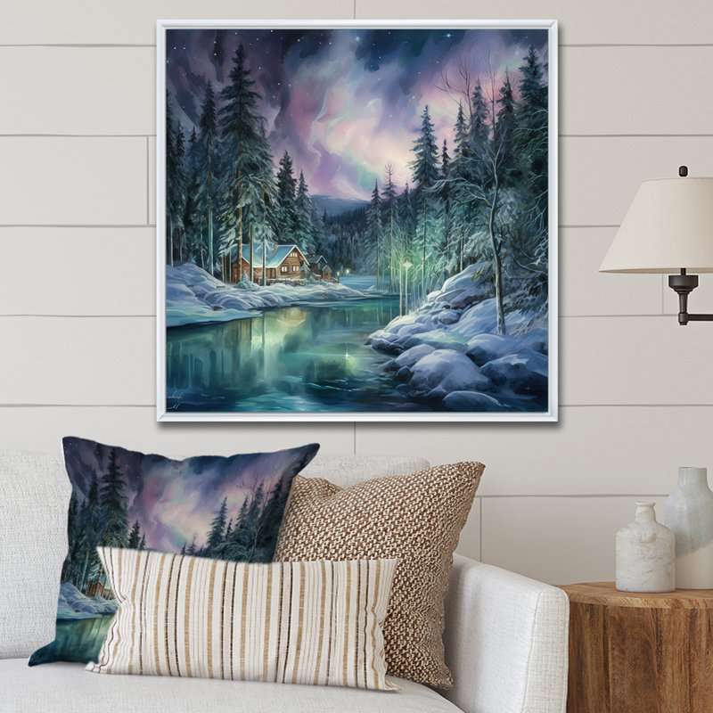 «Northern Lights Charm In Winter», reproduction sur toile, H 16 po x l 16 po x P 1 po, Cadre flottant blanc