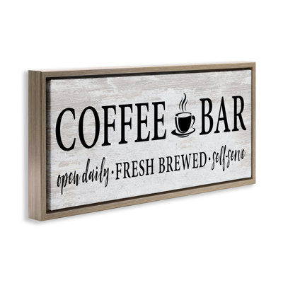 Coffee Bar Cafe Rustic Sign Brown Grain Framed Floater Canvas Wall Art by Lettered and Lined