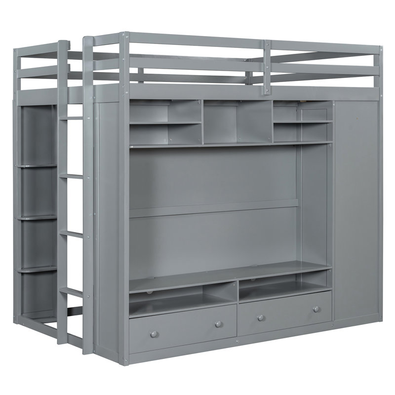 Lit mezzanine double gris avec tiroirs, tablettes et rangement dissimulé pour une chambre à coucher élégante et spacieuse